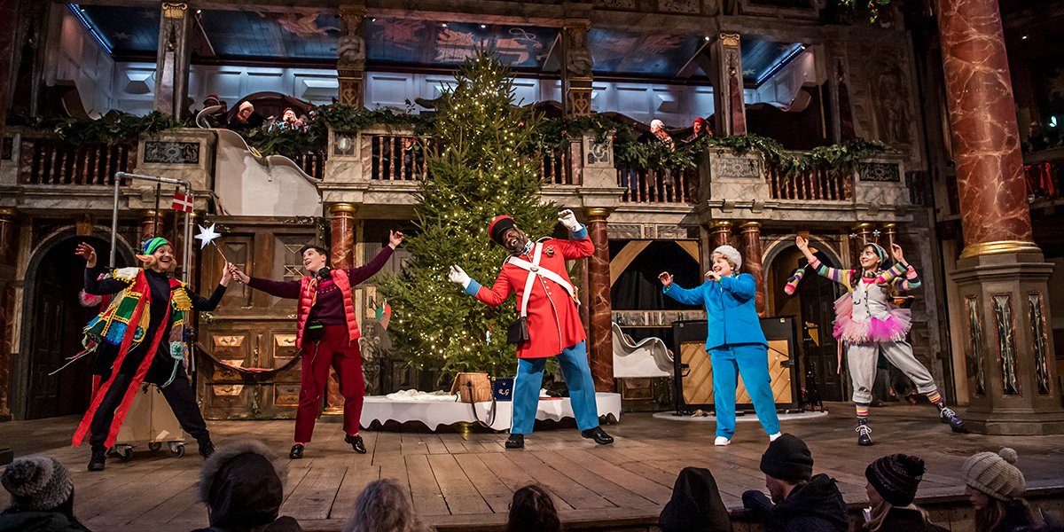Stella Duffy, Louise Voce, Chris Jarman, Sandi Toksvig and Sophie Trott in Christmas At The (Snow) Globe. Photo by Tristram Kenton.