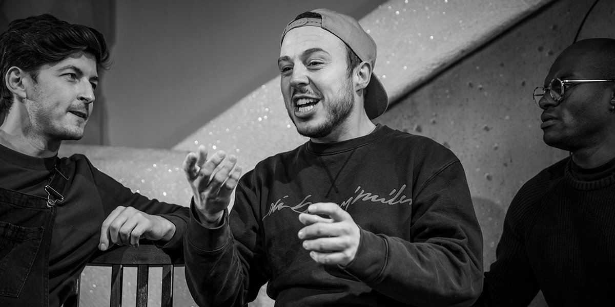 Lee Knight, Elliot Hadly and Stanton Plummer-Cambridge in rehearsals for Coming Clean. Photo by Beastly Studios.