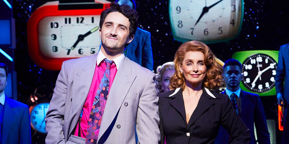 Louise Redknapp as Violet Newstead and Christopher Jordan-Marshall as Joe in 9 To 5 The Musical. Photo by Simon Turtle.
