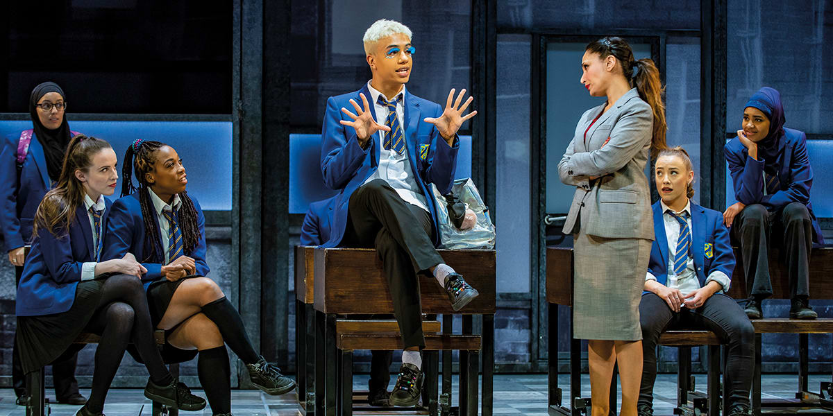 Noah Thomas (Jamie), Preeya Kalidas (Miss Hedge) and the cast of Everybody's Talking About Jamie. Photo by Matt Crockett.