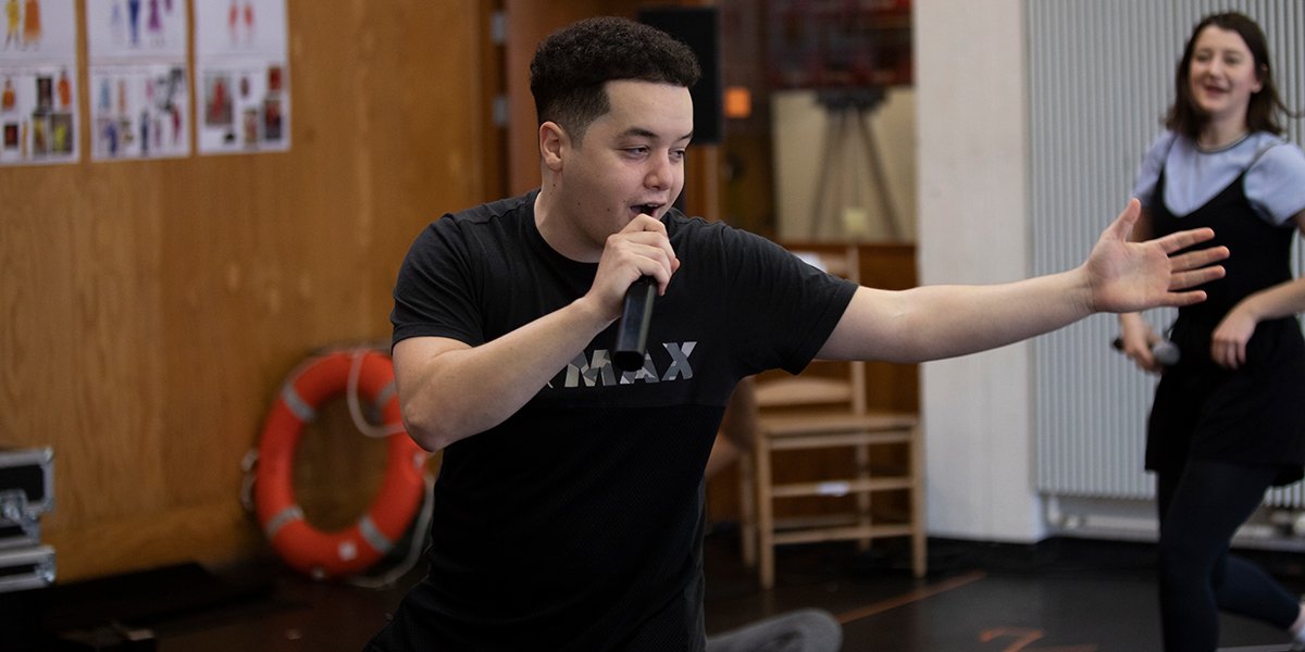 Islam Bouakkaz as Guildenstern in Hamlet rehearsals at National Theatre. Photo by Ellie Kurttz.