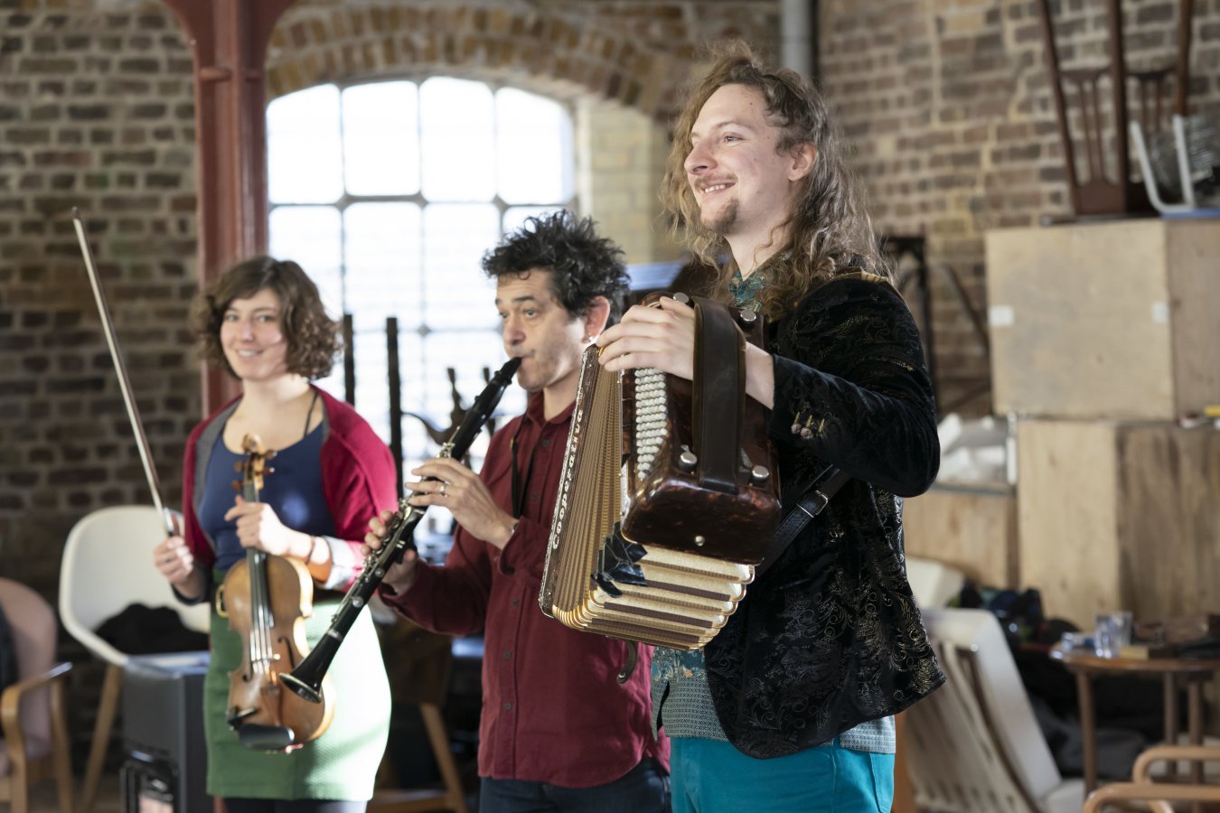 Anna Lowenstein (The Violinist), Merlin Shepherd (The Clarinettist) and Josh Middleton (The Accordionist) (Photo by Johan Persson)