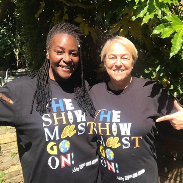 Sharon D Clarke & Susie McKenna wearing The Show Must Go Online! exclusive charity t-shirts