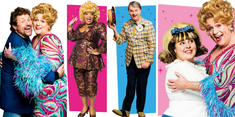 A collage of the cast of Hairspray including Michael Ball as Edna, Marisha Wallace as Motormouth Maybelle, Paul Merton as Wilbur Turnblad and Lizzie Bea as Tracy Turnblad