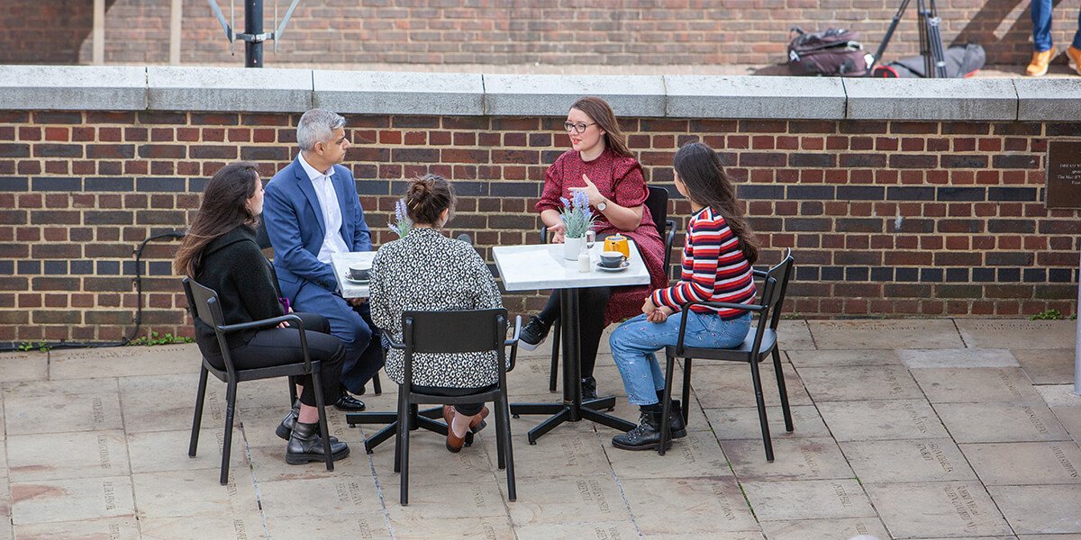 Left to right: Gloria Mass, Sadiq Khan, Eleanor Wright, Sarah MacKenzie and Sharni Lockwood (Swan and Globe staff) (Photo credit: Pete Le May)