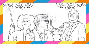 Colouring sheet outline of Hermione, Harry Potter and Ron holding wands