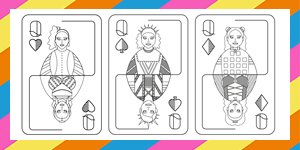Colouring outline of 3 cards showing the Six queens