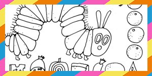 Colouring Sheet of The Very Hungry Caterpillar surrounded by what it eats