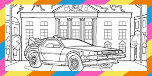 Line drawing of the Back To The Future DeLorean car in front of the courthouse