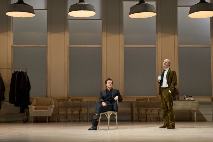 Johnny Flynn as Richard Burton and Mark Gatiss as Sir John Gielgud in The Motive And The Cue at the National Theatre.