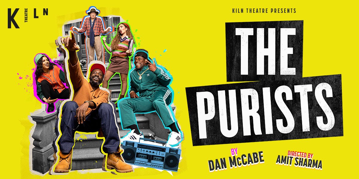 On the left the cast of The Purist are posed in streetwear on a stair. On the left it reads 'Kiln Theatre presents. The Purists. By Dan McCabe and directed by Amit Sharma.' It is set on a bright neon yellow background.